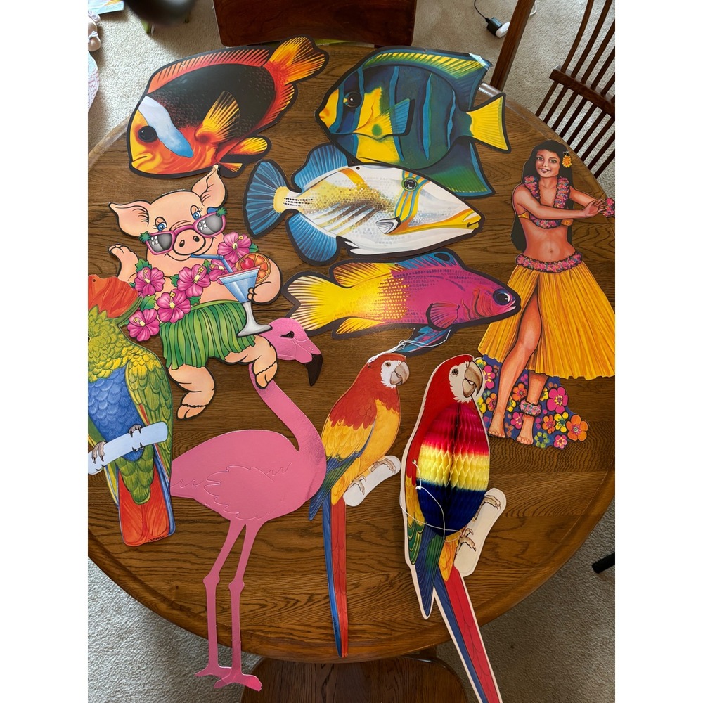 Vintage Amscan Beistle Tropical Luau Party Decorations Lot Parrots Fish Hula Pig